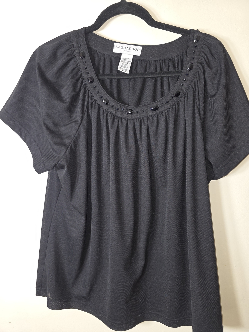 Sag Harbor Black Short Sleeve Embellished Scoop Neck Blouse